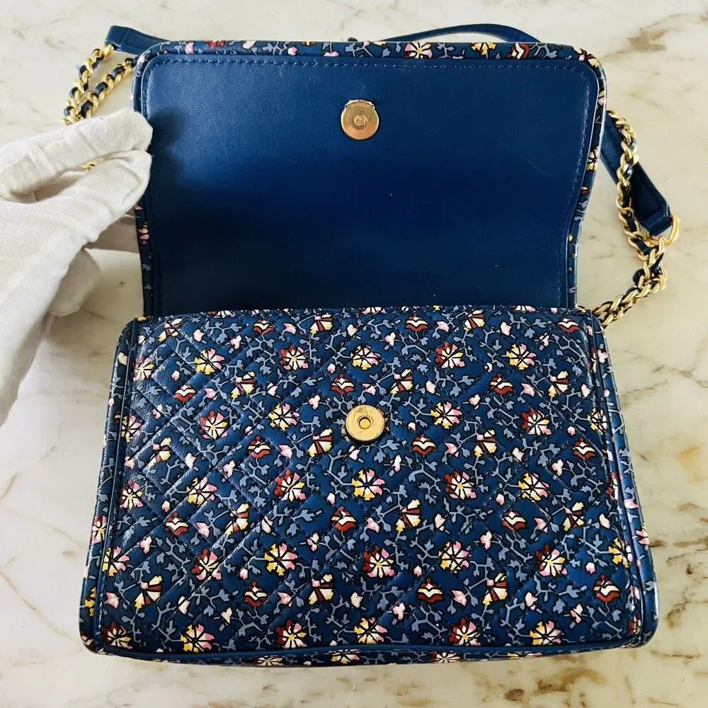 TORY BURCH Fleming Blue Wild Pansy Printed Small Convertible Shoulder Bag